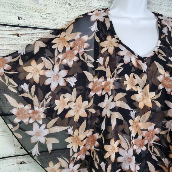 Adele & May Women’s XL Sheer Floral Poncho Blouse Black Beige Flowing Overlay - Picture 2 of 6